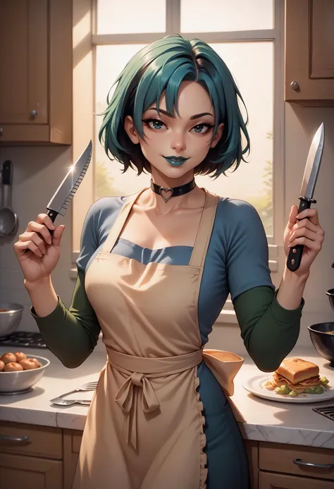 score_9, score_8_up, score_7_up, source_anime, 1girl, <lora:gwentd-guy-ponyv1:1> gwentd, two-tone hair, lipstick, choker, kitchen, apron, kitchen knife, seductive smile, food, simple background, holding knife,