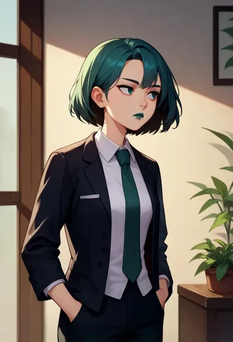 score_9, score_8_up, score_7_up, source_anime, rating_safe, solo, 1girl, gwentd, lipstick, expressionless, looking away, hand in pocket, formal, black jacket, white shirt, green necktie, black pants, indoors <lora:gwentd-guy-ponyv1:0.9>