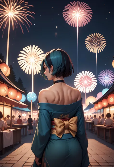 score_9, score_8_up, score_7_up, source_anime, 1girl, <lora:gwentd-guy-ponyv1:1> gwentd, two-tone hair, lipstick, choker, kimono, off shoulder, from behind, festival, fireworks, aerial fireworks, night, dark enviroment,