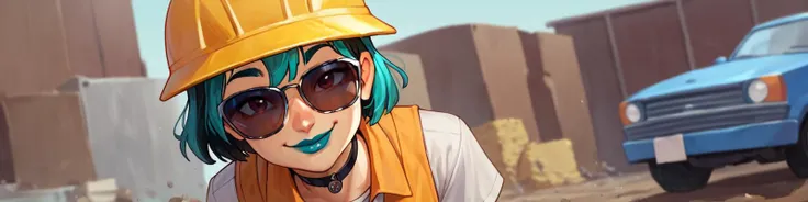score_9, score_8_up, score_7_up, score_6_up, score_5_up, score_4_up, BREAK, 1girl, solo, looking at viewer, <lora:gwentd-guy-ponyv1:0.8>, gwentd, two-tone hair, lipstick, choker, hardhat, construction worker, high-visibility vest, construction site, smile, white shirt, sunglasses,