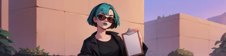 score_9, score_8_up, score_7_up, score_6_up, score_5_up, score_4_up, BREAK, 1girl, solo, looking at viewer, <lora:gwentd-guy-ponyv1:0.85> gwentd, two-tone hair, lipstick, t-shirt, long coat, sunglasses, holding clipboard, outdoors, dusk, black shirt, black coat, skull,