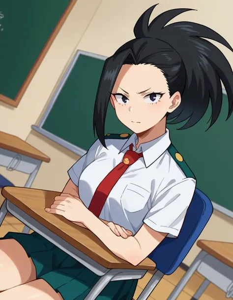 score_9, score_8_up, score_7_up, source_anime,
yaoyorozumomo, <lora:momo-yaoyorozu-ponyxl-lora-nochekaiser:1>,
yaoyorozu momo, long hair, bangs, black hair, ponytail, black eyes, high ponytail, wide ponytail,
skirt, shirt, school uniform, white shirt, short sleeves, pleated skirt, necktie, collared shirt, red necktie, green skirt, u.a. school uniform,
indoors, classroom, sitting, desk, chair,
looking at viewer, cowboy shot, dutch angle,