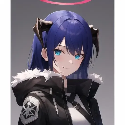 masterpiece,best quality,absurdres,highres,1girl,solo,upper body,(portrait:1.2),halo,blue_hair,mismatched_gloves,blue_eyes,long_hair,looking_at_viewer,smile,black_shorts,asymmetrical_gloves,boots,black_footwear,white_gloves,hood,fur_trim,black_jacket,white_shirt,long_sleeves,black_gloves,detached_wings,cross-laced_footwear,bangs,open_jacket,demon_horns,fur-trimmed_jacket,hooded_jacket,demon_tail,<lora:Mostima(ark)>,