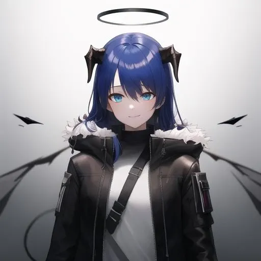 masterpiece,best quality,absurdres,highres,1girl,solo,upper body,(portrait:1.2),halo,blue_hair,mismatched_gloves,blue_eyes,long_hair,looking_at_viewer,smile,black_shorts,asymmetrical_gloves,boots,black_footwear,white_gloves,hood,fur_trim,black_jacket,white_shirt,long_sleeves,black_gloves,detached_wings,cross-laced_footwear,bangs,open_jacket,demon_horns,fur-trimmed_jacket,hooded_jacket,demon_tail,<lora:Mostima(ark)>,