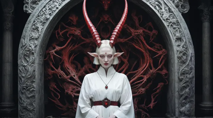 <lora:SDXL_cinematic_Sa_May:0.8> cinematic <lora:pale_demon:1.0:lbw=MIDD> (full body lithe, very pale detailed skin demon woman fairy, horns:1.2), (smooth red crystal symmetrical demon horns, short bob hair, detailed blushing albino skin:1.35), (wearing detailed elegant ancient embroidered ceremonial robes, pendant:1.2), (large round detailed white eyes, long eyelashes:1.22), (ruby earrings, extravagant jewelry:1.1), (eye highlights:1.1),
BREAK (in an abandoned palace ruin:1.2), [freckles : blush:0.5], intricate detail, (eye highlights:1.1), (sharp focus:1.2), portrait by [jean delville : gustave dore : iris van herpen : marco mazzoni: H. R. Giger:0.25]