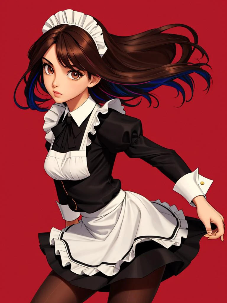 beautiful detailed face and eyes,1girl,(brown_hair,brown_eyes:1.1),maid outfit,blouse,black_skirt,(black_pantyhose:1.1),full bod,dynamic pose,[Ruby|gold]_background,multicolored background
