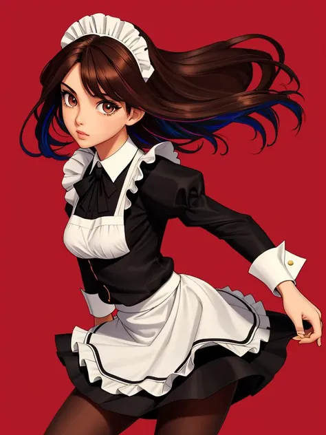 beautiful detailed face and eyes,1girl,(brown_hair,brown_eyes:1.1),maid outfit,blouse,black_skirt,(black_pantyhose:1.1),full bod,dynamic pose,[Ruby|gold]_background,multicolored background