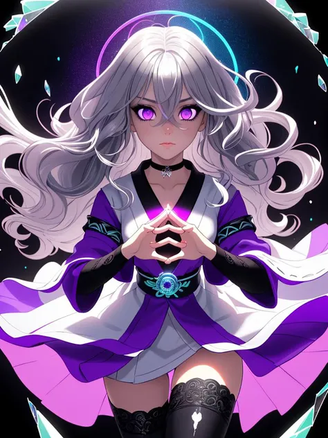 1girl, very cute, (purple eyes:1.233), Her eyes shone like dreamy stars, (glowing eyes:1.233), (beautiful and detailed eyes:1.1), (Silver hair:1.14), (wavy hair, very long hair, hair between eyes, black highlights, ), (perfect hands), choker, (miko thighhighs), (night:1.2), dreamy, soul, (fluorescence), (delicate fingers and hands:0.55:0.907)(::0.85:0.9524), (detail fingers), ((colourful paint splashes on transparent background, dulux)), ((caustic)), beautiful detailed glow, glowing aura energy, light particles, chromatic aberration, (detailed background, fantasy), ((cinematic light)), colorful, hyper detail, dramatic light, intricate details, depth of field, black light particles, (broken glass), magic circle