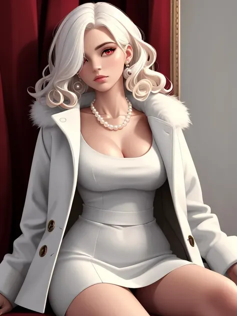 absurdres, [perfect shadows and lighting], detailed background, incredible high-key lighting, masterpiece, high quality, detailed, extremely detailed, ambient soft lighting, 4K, 1girl, fur coat, white hair, blond hair, red eyes, pearl necklace, neckline, sitting, arms at sides, curly hair, white coat, thick coat, dark red dress, hair over one eye