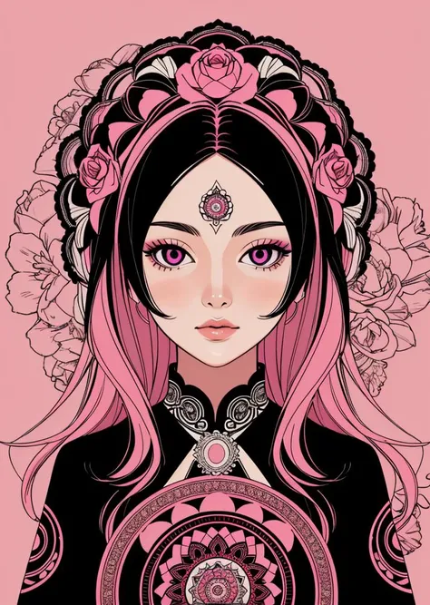 1girl,(((detailed background))), wallpaper,Parting art, mandala,shaos,pink tone color,Radial, streamlined,typing art,art design,burst,core
