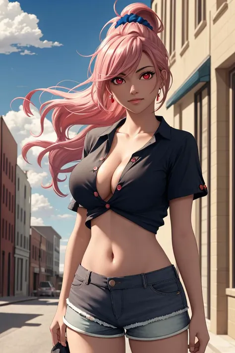 depth of field, dramatic light, cowboy shot, looking at viewer, 1girl, long hair, pink hair, ponytail, (messy hair), red eyes, large breasts, scrunchie, hair ornament, head tilt, (smile:0.7), collarbone, black shirt, navel, underboob, (open button shorts:1.2), wind, outdoors, street, building, glowing light, ray tracing, dynamic lighting, beautiful detailed sky, beautiful detailed cloud,