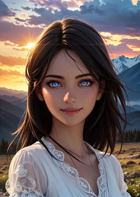 (realistic, photo-realistic:1.2), high definition, ultra detailed, raw photo, 1girl, detailed eyes, glowing eyes, (beautiful, aesthetic, perfect, delicate, intricate:1.2), Dark hair, dark eyes, upper body, sun flare, outdoors, mountain, valley, sky. clouds, smiling