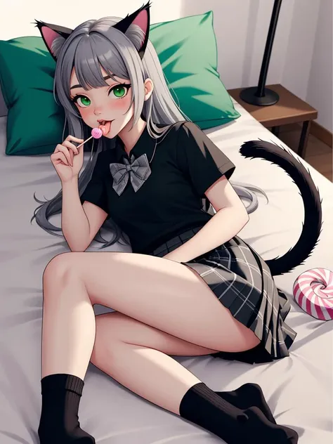 nachonekos, 1girl, solo, animal ears, skirt, long hair, food, tail, cat tail, black shirt, cat ears, shirt, candy, holding food, lying, plaid, short sleeves, plaid skirt, pleated skirt, very long hair, lollipop, holding, looking at viewer, on side, bow, bangs, green eyes, grey hair, holding candy, cat girl, holding lollipop, white bow, pillow, bed sheet, stuffed toy, blush, black socks, grey skirt, bowtie, tongue out, black skirt, socks