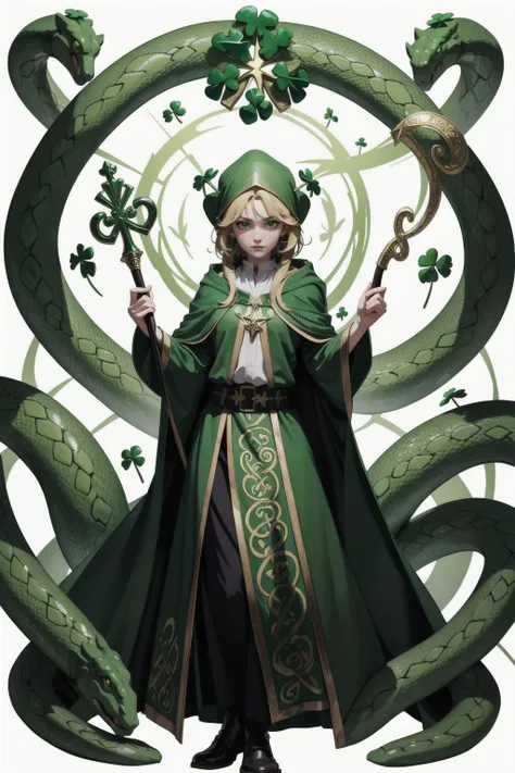 a mass of snakes fleeing from St Patrick holding a magic staff with a shamrock shaped emerald topper, in a green cloak,