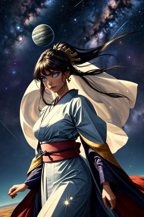 beautiful woman, glowing blue eyes, star shaped pupils
Hoshizora is one of the primordial beings of the universe. She takes the form of a woman, wearing a long Kimono and hakama that completely covers her body, which is patterned with galaxies, stars, planets, almost like her clothing is made by the universe itself. She carries with her a glowing sword, made of pure moonlight. She has glowing sky-blue eyes, and has a cape made of starlight. She wanders the universe, protecting existence itself from all kinds of threats that seek to end reality. She also has the duty of an executioner, that means if life on a planet has reached its end, she is the one that must destroy the planet and grant the remaining life essence back to Stellana. She is the one destined to slay Astarach if she ever escapes her prison.
<lora:beautiful detailed eyes:0.8>
<lora:more_details:0.7>