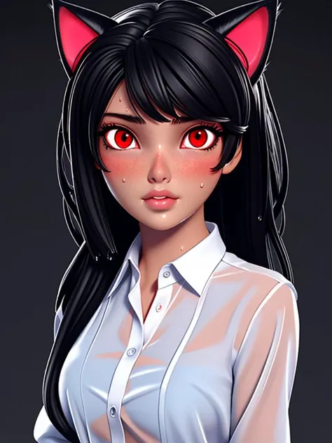 3dmm, pixar style, (ultra-detailed:1.3), realistic
1girl, cute,black hair, red eyes, slit eyes, glowing eyes, oversized shirt, parted lips, blush, cat ears, wet shirt, sweaty
<lora:3DMM_V12:1>