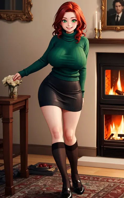 âªONE FOR ALL Â«2.5DÂ» by Chaos Experience @ https://ko-fi.com/chaosexperienceâ«
(Ultra-HD-details)
huge sweater, redhead, green eyes, stockings, smile, fireplace, comfort