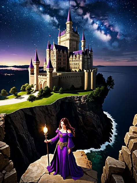 from above, beautiful sorceress lay in ornate purple dress standing on cliff, scenery, rocks, castle on distance, dark fantasy, night