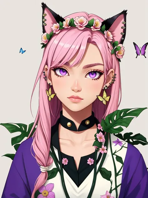 , mammal, anthro, hair, goat, female, plant, whiskers, purple eyes, flower, fur, clothing, feline, simple background, hair accessory, ambiguous gender, piercing, looking at viewer, felid, clothed, pink nose, ear piercing, flower in hair, lepidopteran, floral, accessory, felis, domestic cat, white body, solo, butterfly, pink hair, flower crown