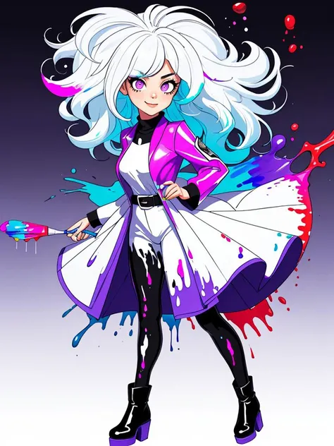 1girl, ((colourful paint splashes on transparent background, dulux), dynamic angle, beautiful detailed glow, full body, cowboy shot, white hair, purple eyes, cute face, High contrast