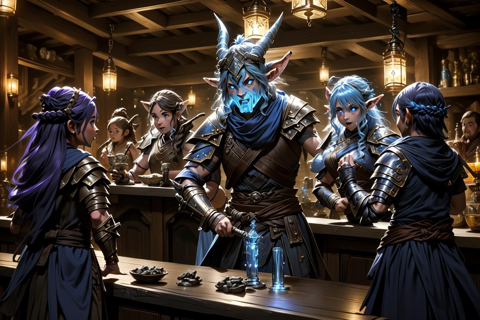 (Everyone looking at camera making a ral-drp face) +++. A whimsical gathering in a well lit cheery tavern High resolution 8K Fujifilm photograph professionally staged, professional lighting, panoramic view <lora:Fantasy_ClassesXL:1> <lora:Fantasy:0.8> <lora:Fantasy_Races_XL:1> (2 large tiefling sorcerer ral-drp at 1 timid blue dragonborn artificer)+++(1goblin barbarian makes ral-drp faces at 1 firbolg monk)++, (1water genasi Paladin dancing with ral-drp face 1halfling warrior)++ (1 shifter attends the counter in the tavern) <lora:ral-drp:0.9> ral-drp
