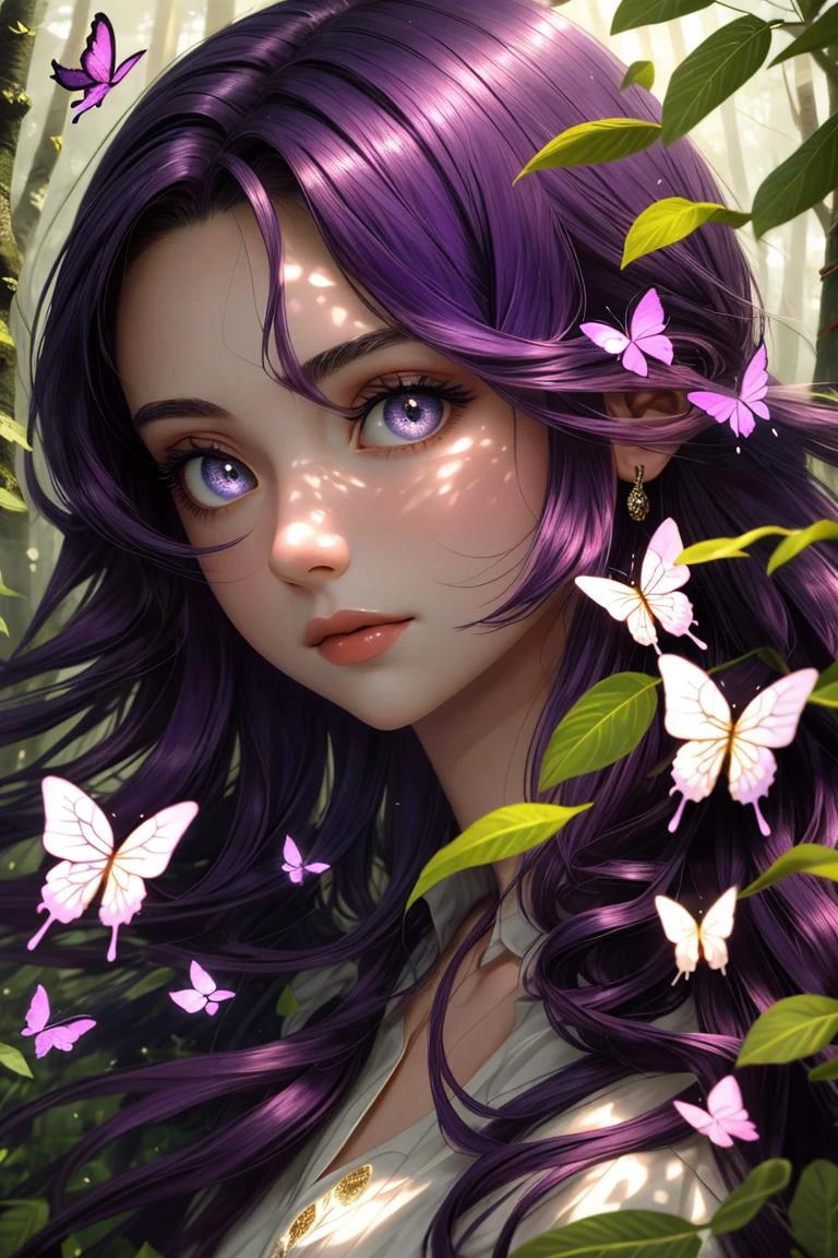 (masterpiece), best quality, expressive eyes, perfect face A young woman, long curly hair, purple hair, attractive leaves, 26 years old, looks beautiful, elegant, calm, the background is a light purple tone, natural, there are butterflies that radiate beauty. A shelf hangs behind it. forest
<lora:beautiful detailed eyes:0.8>
<lora:Furtastic_Detailer:1>