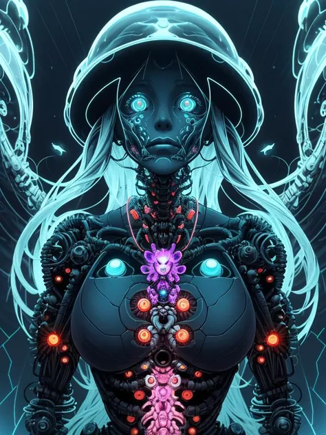cinematic, interdimensional (female:0.5) creature, biomechanical ghost, mesmerizing visual puzzle, hyper-detailed, artistic style, neural network, bioluminescent