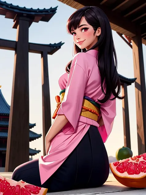 1girl, dva, pink eyes, long hair, black hair, (grapefruit), (temple in background), sitting, kimono, medium breasts, light smile, arms behind back, photo taken from behind, slightly transparent cloth