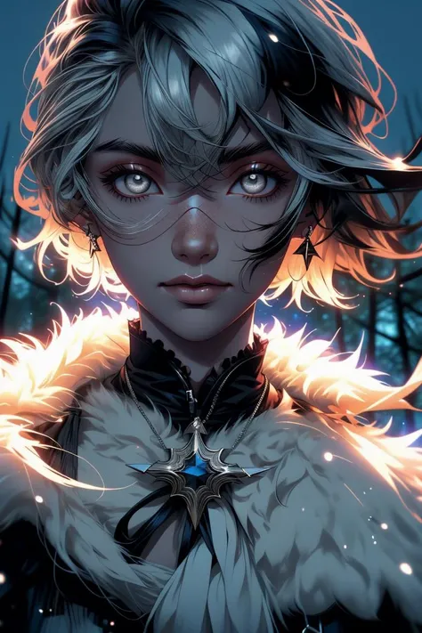 (life-size-body)
1boy, male with grey eyes ((also extremely detailed)), short hair, messy hair, white hair, bracelets, black shirt, black jeans, white-fur coat, close to viewer, close up to face, beautiful face, dark, night, Night sky, dark woods, fog
<lora:beautiful detailed eyes:0.7>
<lora:Furtastic_Detailer:1>
<lora:midjourney_20230624181825:0.8> midjourney
