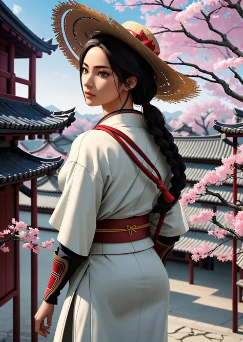 highly detailed, photorealism, photo-realistic, high contrast, vibrant colors, colorful, (photorealistic:1.4), (perfect male figure), beautiful face, perfect illumination, beautiful detailed eyes, stunningly beautiful, detailed hairstyle, 8k high definition detailed realistic, photon mapping, radiosity, physically-based rendering, backlight, 1girl, from behind, female chinese assassins creed outfit, chinese village, (female samurai:1.1), wearing a chinese straw hat, cherry trees, flying leaves, standing on the edge of a building, looking down the city