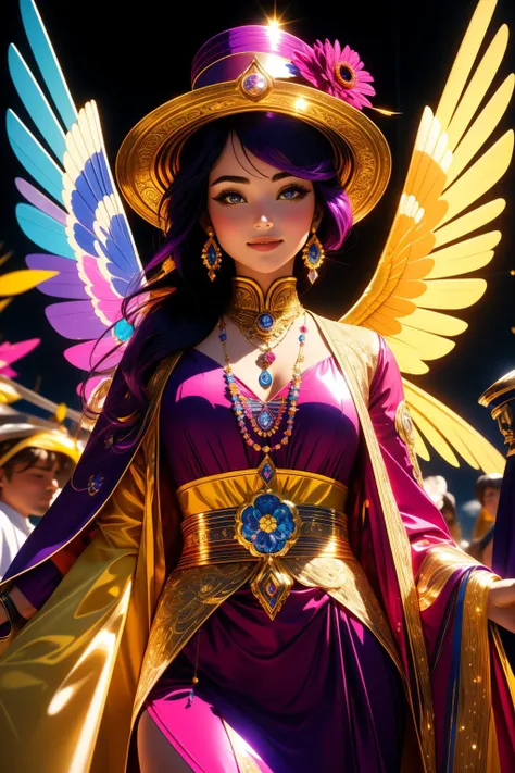 1girl, (by Brothers Hildebrandt:1.2) , vibrant Cinematic still, intricate details, medium shot of a [Unconventional|Warlike] Familiar portly traditional Bosnian ([Mees|Sanjeeva]:1.3) , he is holding a Hat, he is chuckling, he is Skydiving, stylized, Mees is dressed in a Techno Fuchsia traditional Byzantine Water Steampunk clothing that was designed by Disney, It is very Purple and electric color, he has Appealing hair, he has a Elastic traditional Indian DayGlo yellow Gold Tooth, Weird Wings and Robotic Legs, spring foliage with Moss, at Dawn, soft focus, Graphic novel, Peaceful, de dia los muertos, Medieval art, Lens Flare, F/8, Warm Colors, Luminous trails, matte, realistic and detailed, sharp and in focus, contest winner, Unsplash, dramatic