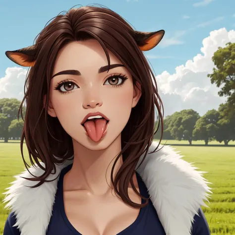 , mammal, solo, cow, bovine, anthro, hi res, hair, star, tongue, detailed, female, fur, looking at viewer, brown hair, sky, tuft, tongue out