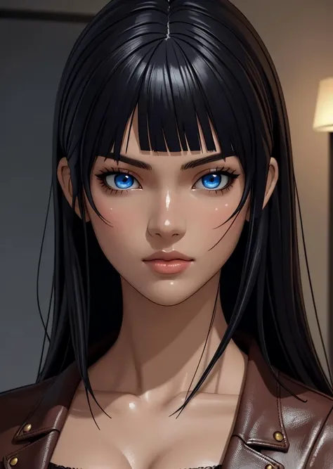 An ultra-detailed figurine of a beautiful young woman, wearingamiya leather, long black hair with bangs, wide face shot, blue eyes, anime art style, highly detailed, sharp focus, trending on ArtStation, HD, 8k, award winning, unreal engine 5, highly detailed, good lighting, beautiful, epic, masterpiece, in the style of Frank <lora:Details:0.85>