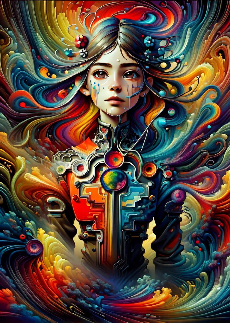 (colorful:1.3), vector art, five color palette, female, background nebulous, entropic, (gravity:1.1), futuristic, portrait, long wet hair, human thoughts, elegant fantasy, intricate, crisp quality, hdr, ultra-detailed, Wet inks line art, dreamy female portrait on black canvas, perfect fractal illustration (style of Vassily Kandinsky), colorful, masterpiece, expert, insanely detailed, 4k resolution, high quality, best quality, vivid, detailed background, ethereal, floating into the abyssal heights, dreaming, cosmic light, very sharp focus, Hyper detailed, Hyper realistic, spiritual, surreal, atmospheric, High resolution, High contrast, dark angle, 8k, HDR, marionevado_v1, michaelcheval_v1(flat color:1.2), film grain, (1girl:0.5)
<lora:add_sharpness:0.25><lora:XS-impression:1> xs-abstract
0: face focus
8: waves of energy
16: happiness joy
23: cluster explosive