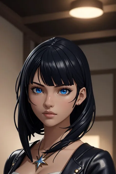 An ultra-detailed figurine of a beautiful young woman, wearingamiya leather, long black hair with bangs, wide face shot, blue eyes, anime art style, highly detailed, sharp focus, trending on ArtStation, HD, 8k, award winning, unreal engine 5, highly detailed, good lighting, beautiful, epic, masterpiece, in the style of Frank <lora:Details:0.85>