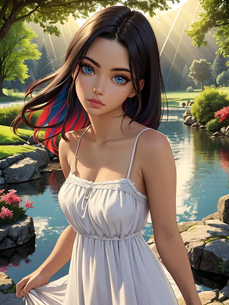 POV shot, (handled hair), (vivid colors), perfect anatomy, perfect face, symmetrical face, perfect eyes, (intricate details:1.3), Nikon, analog film, (ultra-detailed:1.3), ((natural lighting)), (god rays), (darkness), highlights on skin, (sundress:1.5), seductive, beautiful, (background: idyllic park), pond, ducks, trees, hills, flowers, stone decorations, depth of field, showing pussy
