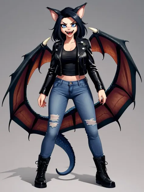 solo, (full body, front view, standing)
1monster, viper tobi-kadachi, female, fanged wyvern, claws, fangs, feet, anthro, looking at viewer, standing, muscular, scales, sharp teeth, solo, tail, big tail, black body, black scales
(clothed, wearing leather jacket, topwear), bottomwear, jeans, blue eyes
((caustic) background)