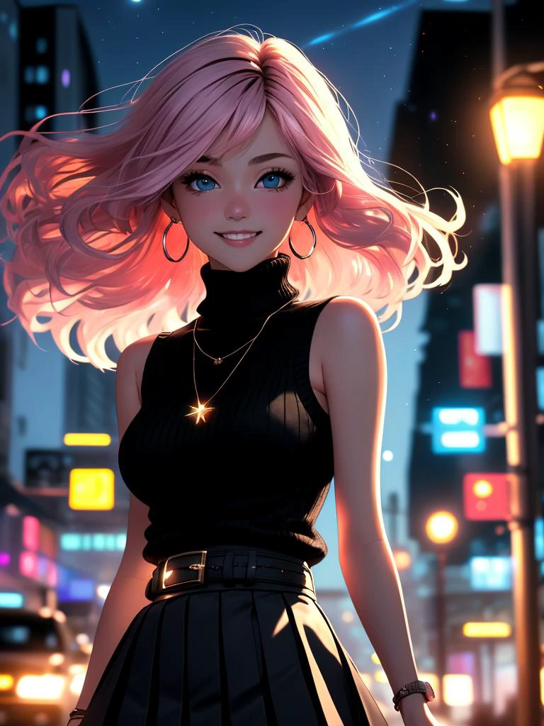 /imagine an anime picture in (Ultra-HD-details, discreet, emphasized-details, life-size-body, cutesie)
50mm lens
aperture opening of f/4.0
(cinematic light, depth of field, vivid colors like HDR+, sharp focus)
The youthful top model is posing for this image that frames (upper body) in a (night city background with starry night, fantasy, glowing), this top model is
1girl, pink hair, long hair, (Her silky hair sways in the wind), vivid blue eyes, hair between eyes, blush, confident smile, closed mouth, very cute, bangs, medium breasts, smile, (dressing a sweater, turtleneck sweater, (sleeveless), necklace, skirt, pleated skirt, (black skirt), black belt)
\\ Made with ONE FOR ALL checkpoint by Chaos Experience @ https://civitai.com/user/ChaosExperience/ \\