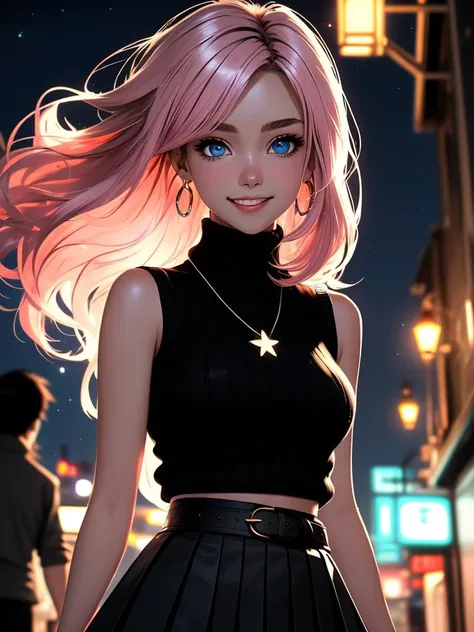 /imagine an anime picture in (Ultra-HD-details, discreet, emphasized-details, life-size-body, cutesie)
50mm lens
aperture opening of f/4.0
(cinematic light, depth of field, vivid colors like HDR+, sharp focus)
The youthful top model is posing for this image that frames (upper body) in a (night city background with starry night, fantasy, glowing), this top model is
1girl, pink hair, long hair, (Her silky hair sways in the wind), vivid blue eyes, hair between eyes, blush, confident smile, closed mouth, very cute, bangs, medium breasts, smile, (dressing a sweater, turtleneck sweater, (sleeveless), necklace, skirt, pleated skirt, (black skirt), black belt)
\\ Made with ONE FOR ALL checkpoint by Chaos Experience @ https://civitai.com/user/ChaosExperience/ \\