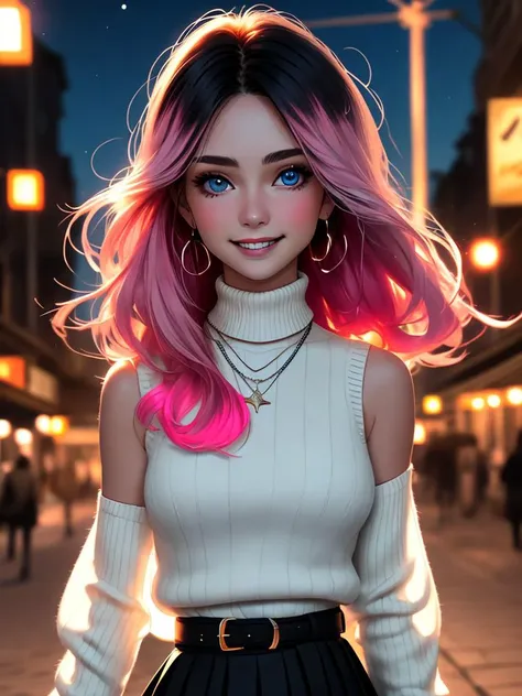 /imagine a picture in (Ultra-HD-details, discreet, emphasized-details, life-size-body, cutesie)
50mm lens
aperture opening of f/4.0
(cinematic light, depth of field, vivid colors like HDR+, sharp focus)
The youthful top model is posing for this image that frames (upper body) in a (night city background with starry night, fantasy, glowing), this top model is
1girl, pink hair, long hair, (Her silky hair sways in the wind), vivid blue eyes, hair between eyes, blush, confident smile, closed mouth, very cute, bangs, medium breasts, smile, (dressing a sweater, turtleneck sweater, (sleeveless), necklace, skirt, pleated skirt, (black skirt), black belt)
\\ Made with ONE FOR ALL checkpoint by Chaos Experience @ https://civitai.com/user/ChaosExperience/ \\