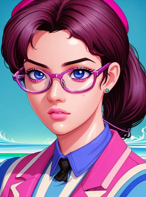 expressive eyes, perfect face, girl with a red beret and glasses, hair pulled into a ponytail, (((vaporwave)))