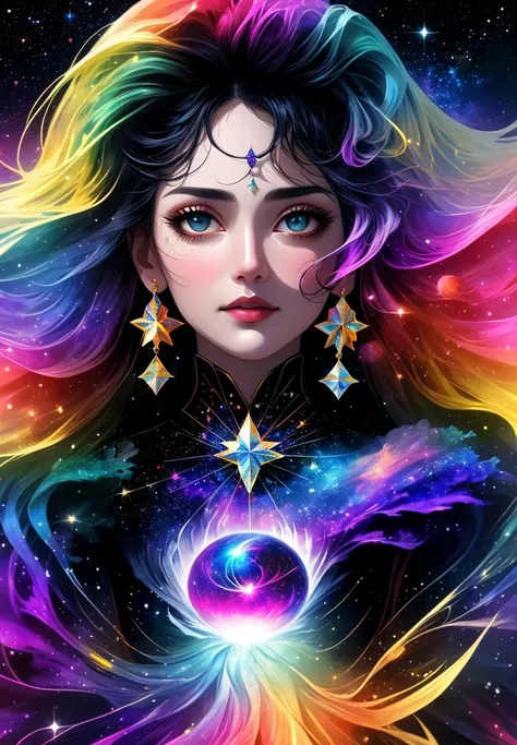 (Ultra-HD-details, discreet, emphasized-details, life-size-body, cutesie)
In a cosmos caught on canvas, she stands
Eyes like emerald stars, the universe in her hands.
Black tresses dance with stardust and night
A celestial voyager in splashes of light.
Her gaze holds the dreams of the nebulae born
In the heart of the void where the galaxies form.
Colors of creation burst forth in a wave
A spectrum of wonder, both fierce and brave.
Sheâs a portrait of power, of poise, and of peace
In her silent domain where the celestial cease.
A painter's muse, where reality bends
In her eyes, the cosmos softly blends.