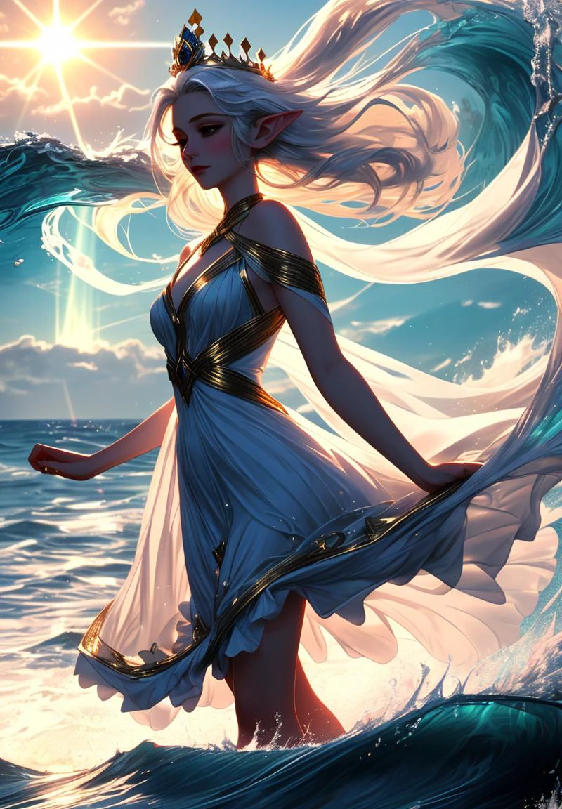 (Ultra-HD-details, discreet, emphasized-details, life-size-body, cutesie)
In the embrace of the day so bright
An elfin maiden, pure and white.
Her hair gleams under the sun's bold gaze
A radiant figure amidst the waves.
Upon the sands, she lightly treads
Where sea meets shore in endless spreads.
The sunbeams dance upon her hair
A scene so serene, impossibly fair.
Her presence a melody, soft and clear
In harmony with the ocean near.
The daylight wraps her in its warm embrace
Highlighting her grace, her gentle pace.
In this realm where light and life entwine
She moves, a being almost divine.
Her essence weaves with the sea's sweet song
In daylight's realm, where she belongs.
This elf, in daylight's realm so grand
Walks the border 'twixt sea and land.
Her white hair, a crown of solar flare
A beacon of peace in the open air.