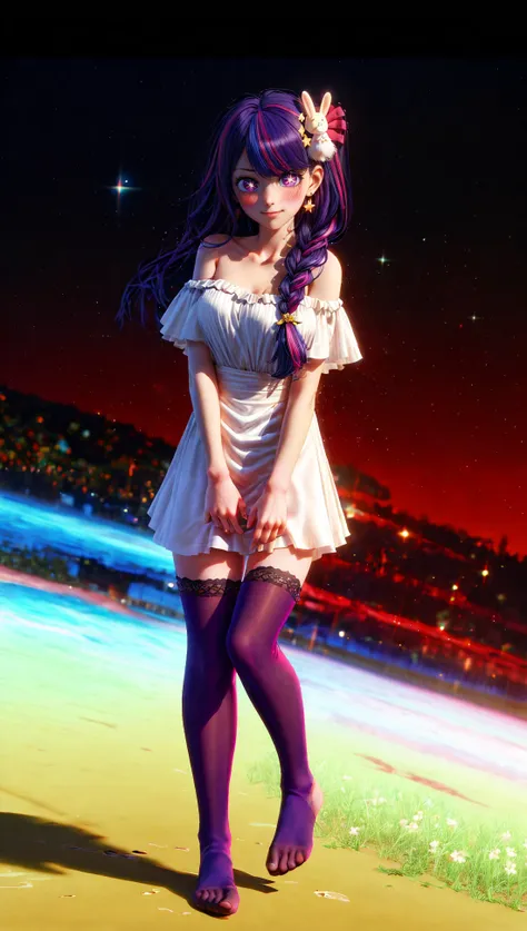 (2.5D style, single shot, shoot from front, caustic background)
1girl, solo, night, <lora:HoshinoAi_v9:1> Hoshino Ai, long hair, purple hair, streaked hair, purple eyes, star-shaped pupils, hair ornament, bangs, bare legs, bare shoulders, blush, braid, dress, dutch angle, earrings, full body, hair ornament, long hair, looking at viewer, multicolored hair, one side up, pink thighhighs, purple eyes, purple hair, rabbit hair ornament, happy, star \(symbol\), white shirt
<lora:Furtastic_Detailer:1> <lora:mocha style:1> mocha style
\\ Made with ONE FOR ALL checkpoint by Chaos Experience @ https://civitai.com/user/ChaosExperience/ \\