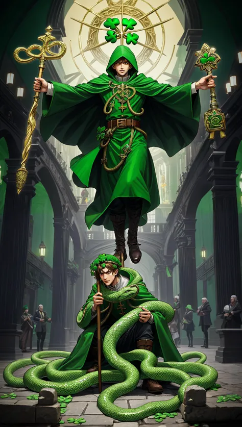 a mass of snakes fleeing from St Patrick holding a magic staff with a shamrock shaped emerald topper, in a green cloak
\\ Made with ONE FOR ALL checkpoint by Chaos Experience @ https://civitai.com/user/ChaosExperience/ \\