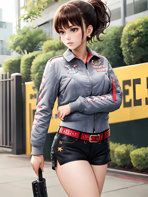 (extremely detailed CG), (best quality), perfect face, shiny skin, lustrous skin,wide hips,   1girl,solo ,   <lora:MioSuto-10:0.7>  MioSuto,long sleeves,black eyes,red belt,Star(symbol),denim,short shorts, black hair, earrings, denim jacket, boots, brown eyes, ponytail, shorts, belt, jacket, brown hair