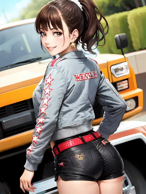 (extremely detailed CG), (best quality), perfect face, shiny skin, lustrous skin,wide hips, 1girl,solo , <lora:MioSuto-10:0.7> MioSuto,long sleeves,black eyes,red belt,Star(symbol),denim,short shorts, black hair, earrings, denim jacket, boots, brown eyes, ponytail, shorts, belt, jacket, brown hair, smile,ass, ass focus, looking back, smile