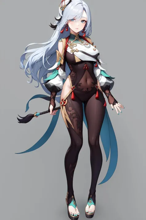 masterpiece, best quality, ShenheV4, 1girl, solo, looking at viewer, simple background, hair ornament, gloves, high heels, long sleeves, white background, holding, jewelry, standing, full body, earrings, black gloves, nail polish, clothing cutout, bodysuit, covered navel, tassel, toenails, gold trim, partially fingerless gloves, black bodysuit, toenail polish, hip vent, shoulder cutout, breast curtain, <lora:ShenheV4-06:1>