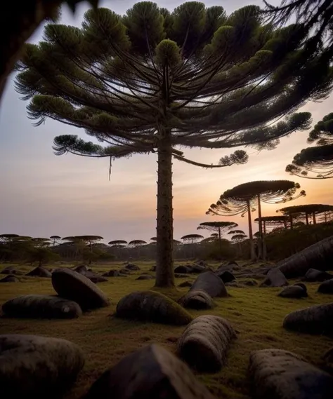 RAW photo, dslr, soft lighting, high quality, masterpiece, best quality,  high quality photograph, bokeh, analog,
araucaria seed cones, prehistoric forest
 <lora:araucaria-10:1>