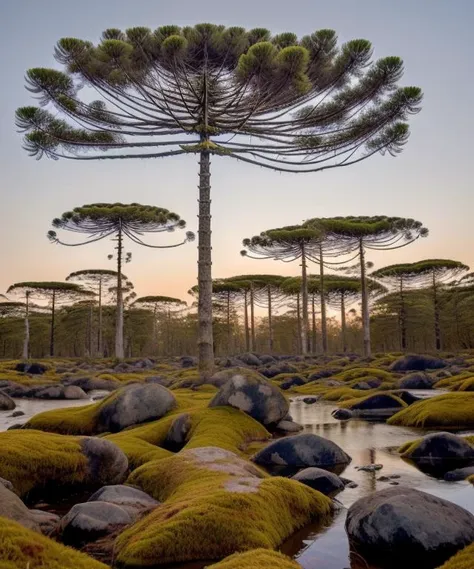 RAW photo, dslr, soft lighting, high quality, masterpiece, best quality,  high quality photograph, bokeh, analog,
araucaria, prehistoric forest
<lora:araucaria-10:1>